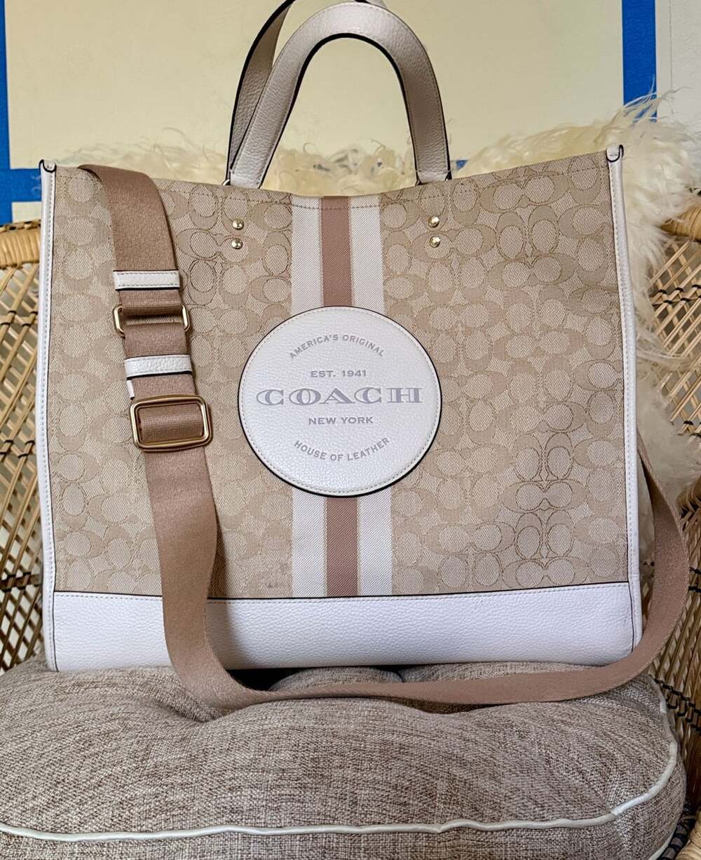 Coach Dempsey Tote 40 In Signature Jacquard With Stripe And Patch